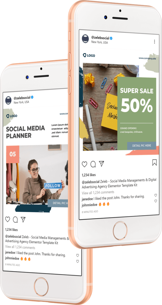 Smartphone displaying vibrant graphics for social media marketing with a bold 50% sale advertisement.