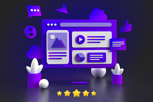 3D illustration of a stylized web interface featuring icons and abstract shapes on a vibrant purple background.