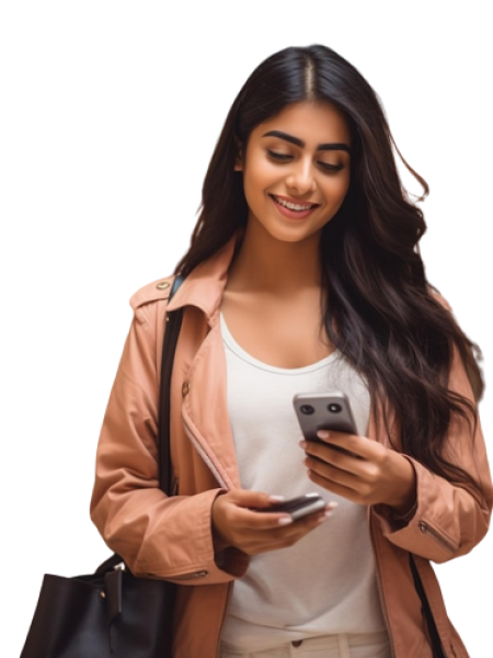 Woman in a tan jacket using a phone with social media icons nearby, engaged in digital marketing.