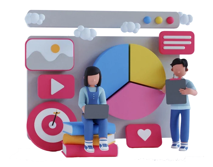 Digital marketing employees analyze website data with pie charts and social media icons to achieve target goals for generating high-quality leads and traffic.